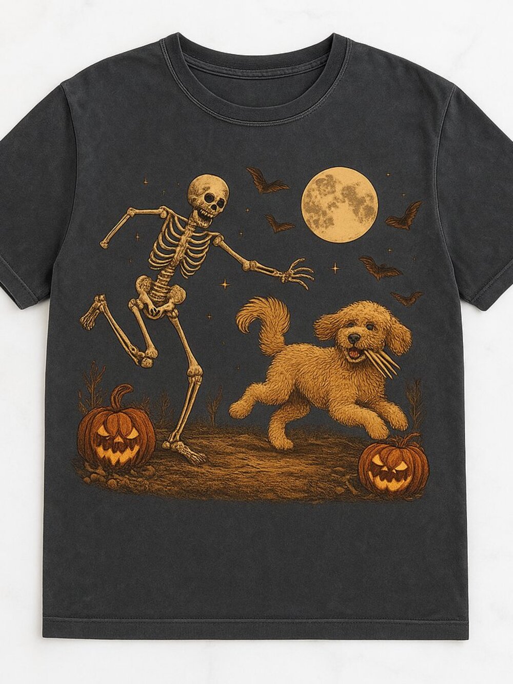Skeleton Chasing Dog Halloween Graphic Tee Washed Black Pumpkin Moon Fall Shirt